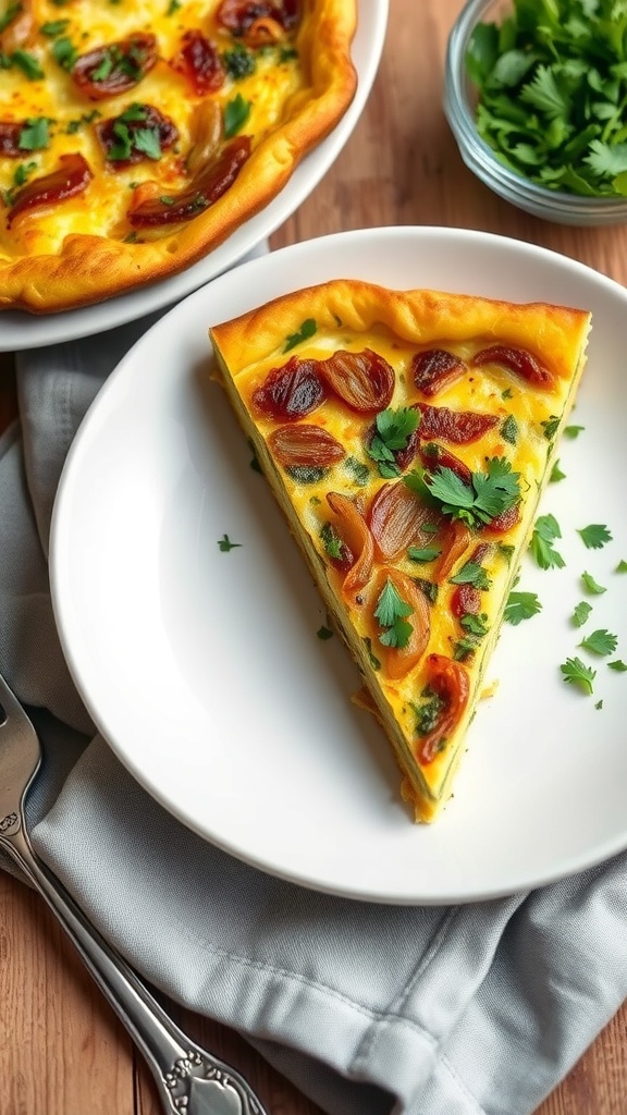 A slice of golden onion and herb frittata on a plate, garnished with herbs, served with a side of mixed greens.